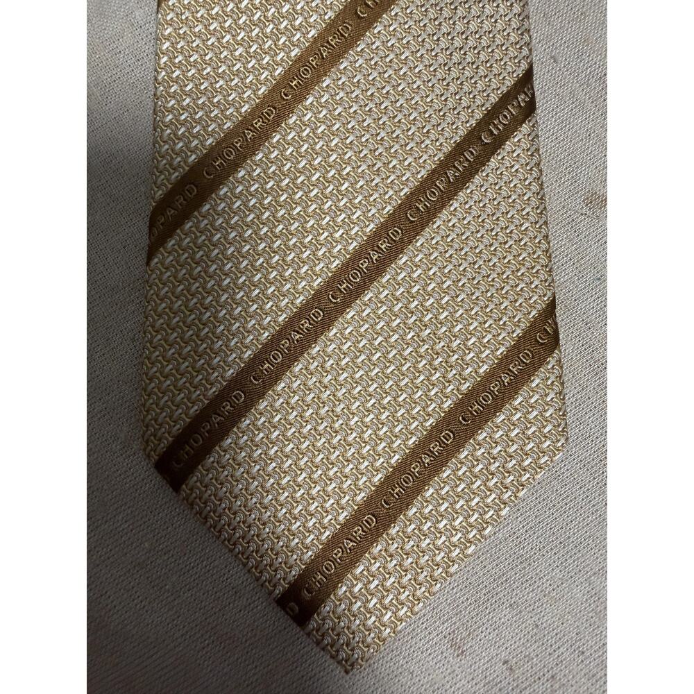Chopard Tie Mens One Size Gold Brown Jacquard Logo Stripe 100% Silk Made Italy